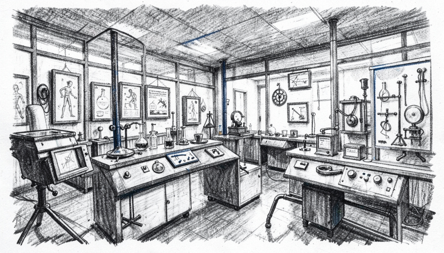 Disegno a carboncino di un laboratorio interattivo con strumenti scientifici e pannelli espositivi, toni grigio antracite e bianco, atmosfera di scoperta