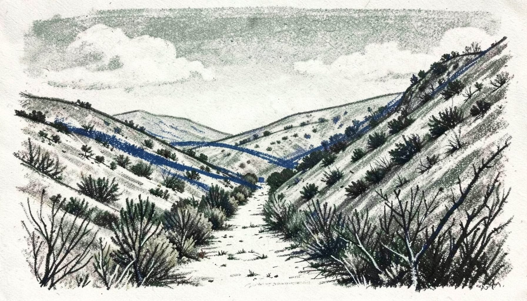 Disegno a carboncino di un sentiero tra colline moreniche con vegetazione rada e cielo ampio, tratto deciso e atmosfera escursionistica, toni grigio-verdi