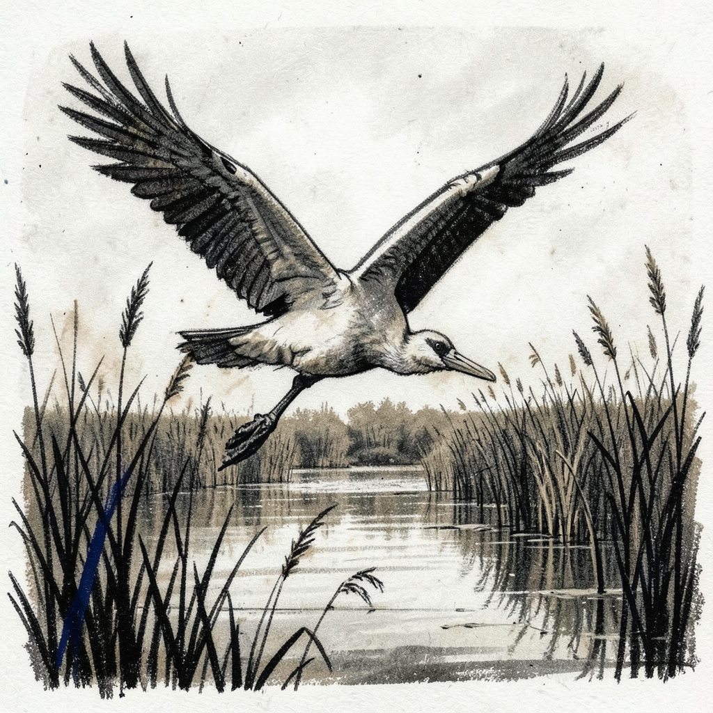 Disegno a carboncino di un airone in volo su canneti lacustri, tratto deciso e atmosfera naturalistica, dominano i toni grigio antracite e seppia